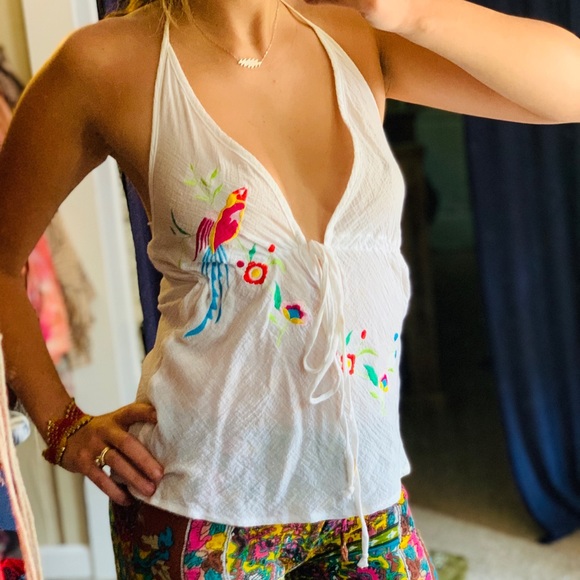 Boho gauze white embroidered halter tank small - Picture 2 of 5